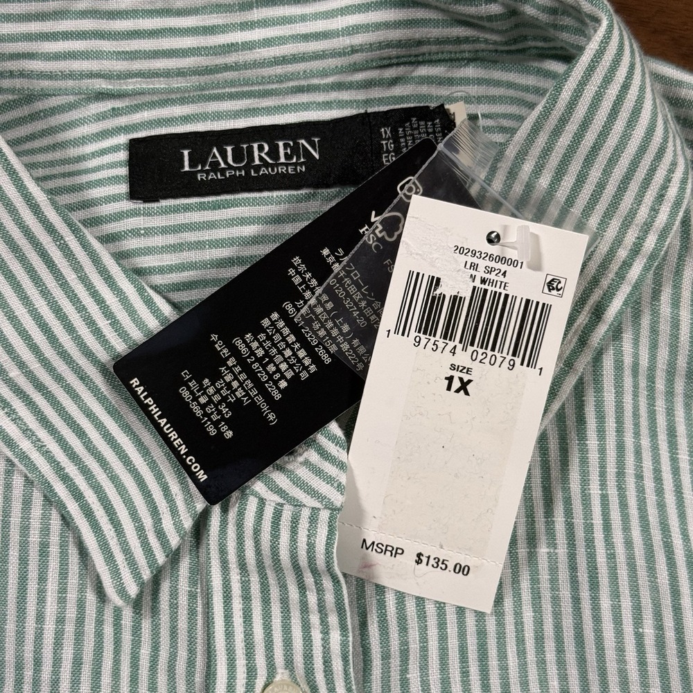 Lauren Ralph Lauren Women's Size 1X Green White Striped Belted Linen Shirt Top - Picture 6 of 10
